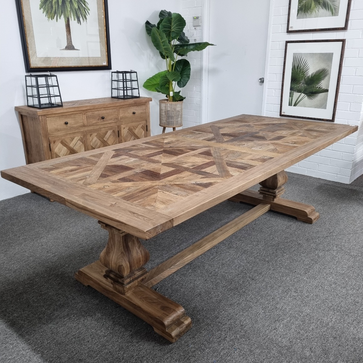 CLEARANCE SALE "Parquet" Hamptons Style Timber Parquetry Dining Table, 245cm x 110cm x 76cmH (RRP $2999)