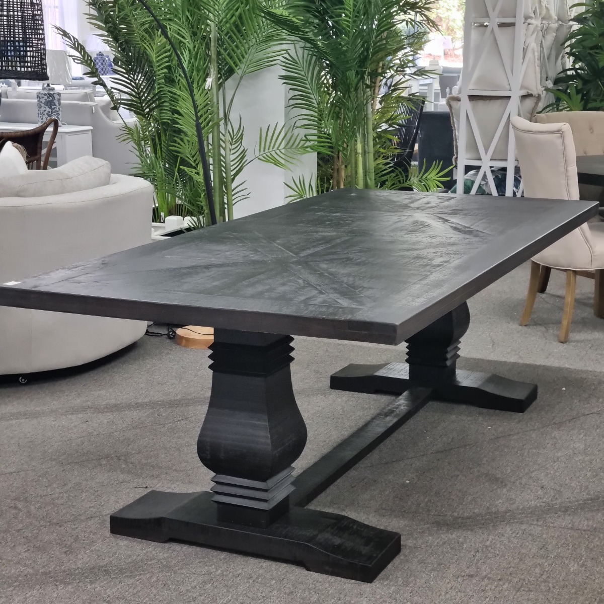 FLOORSTOCK CLEARANCE SALE "Tuscany" Hampton Style Hardwood Timber Dining Table Pedestal Base Black, 210cm x 105cm (RRP $1999) - Image 3