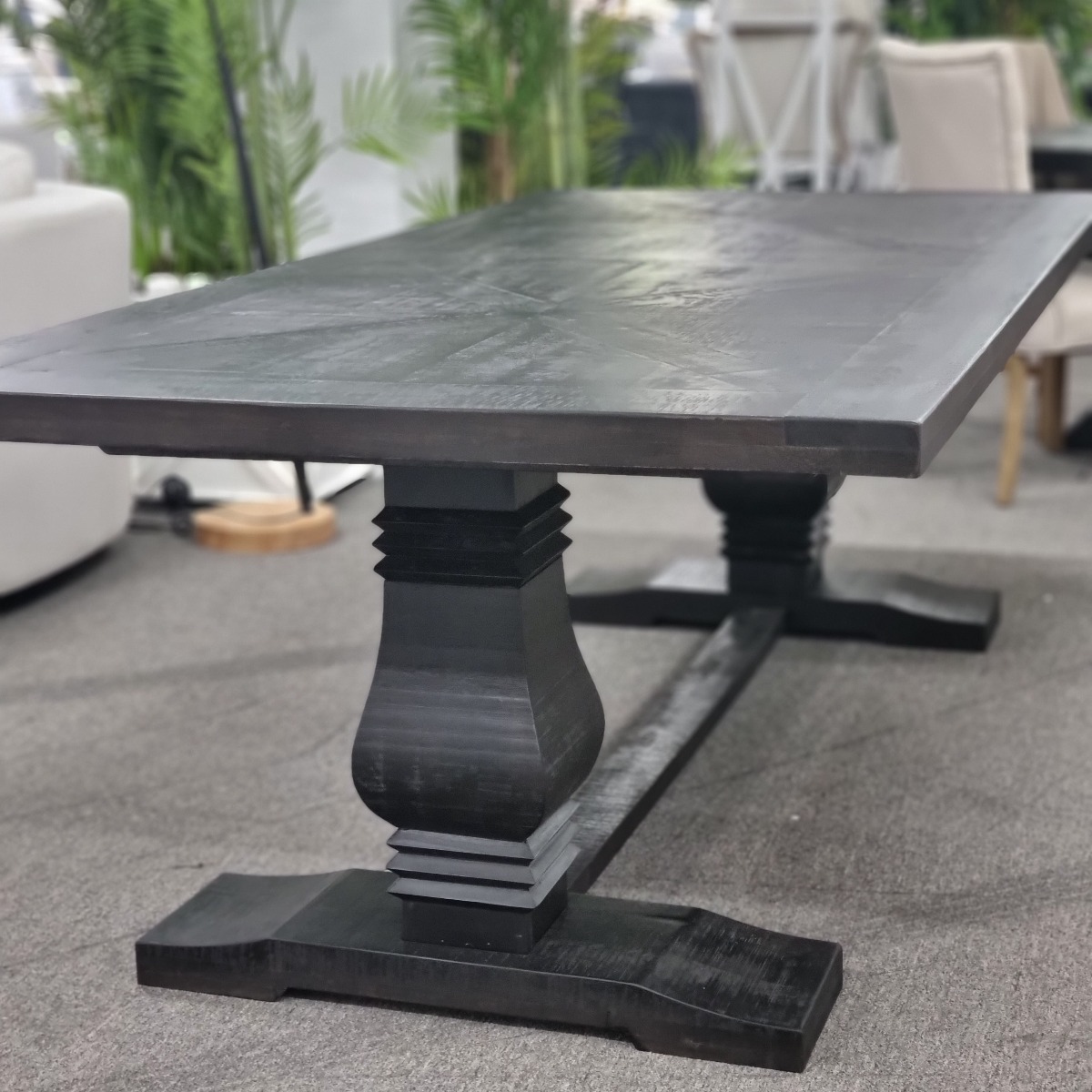 FLOORSTOCK CLEARANCE SALE "Tuscany" Hampton Style Hardwood Timber Dining Table Pedestal Base Black, 210cm x 105cm (RRP $1999) - Image 4