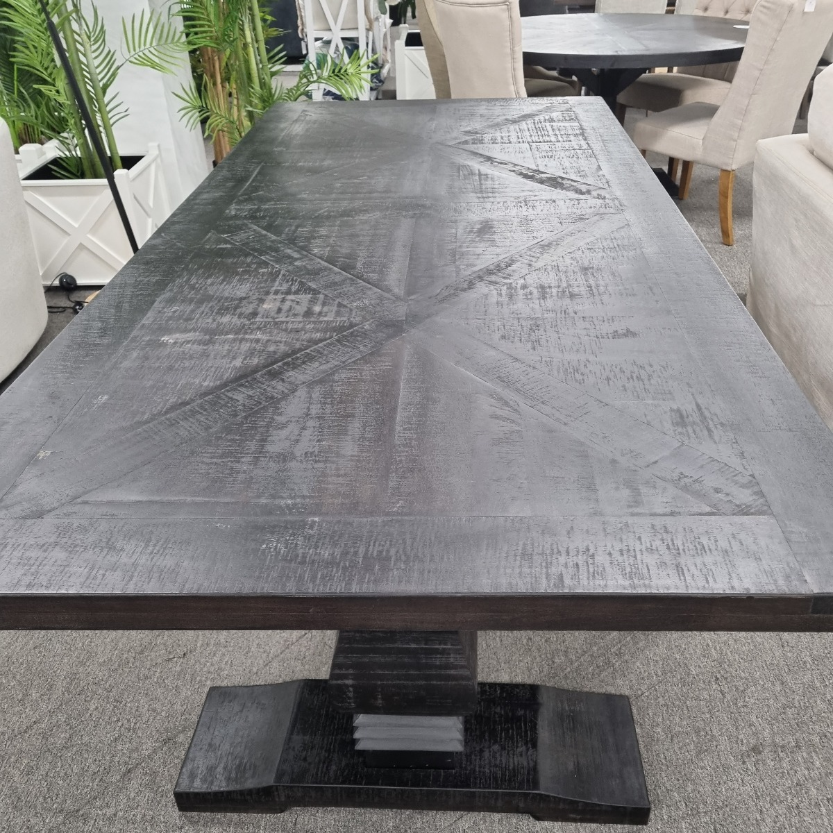 FLOORSTOCK CLEARANCE SALE "Tuscany" Hampton Style Hardwood Timber Dining Table Pedestal Base Black, 210cm x 105cm (RRP $1999) - Image 5
