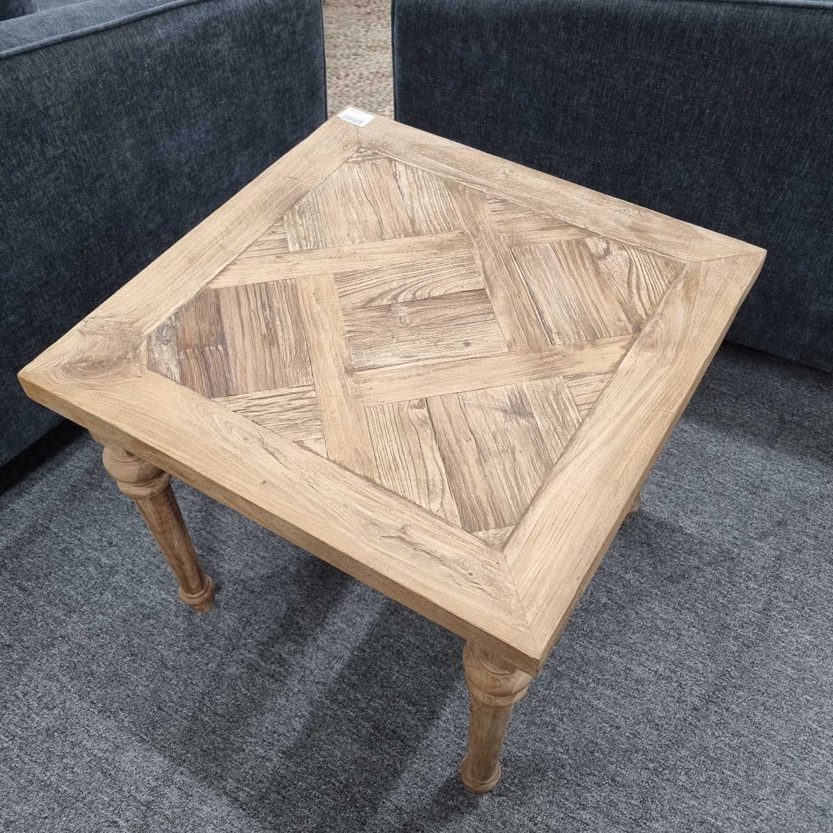 "Marrakesh" Hardwood Parquetry Lamp Table with turned legs Recycled Elm, 55cm x 55cm x 50cm - Image 3