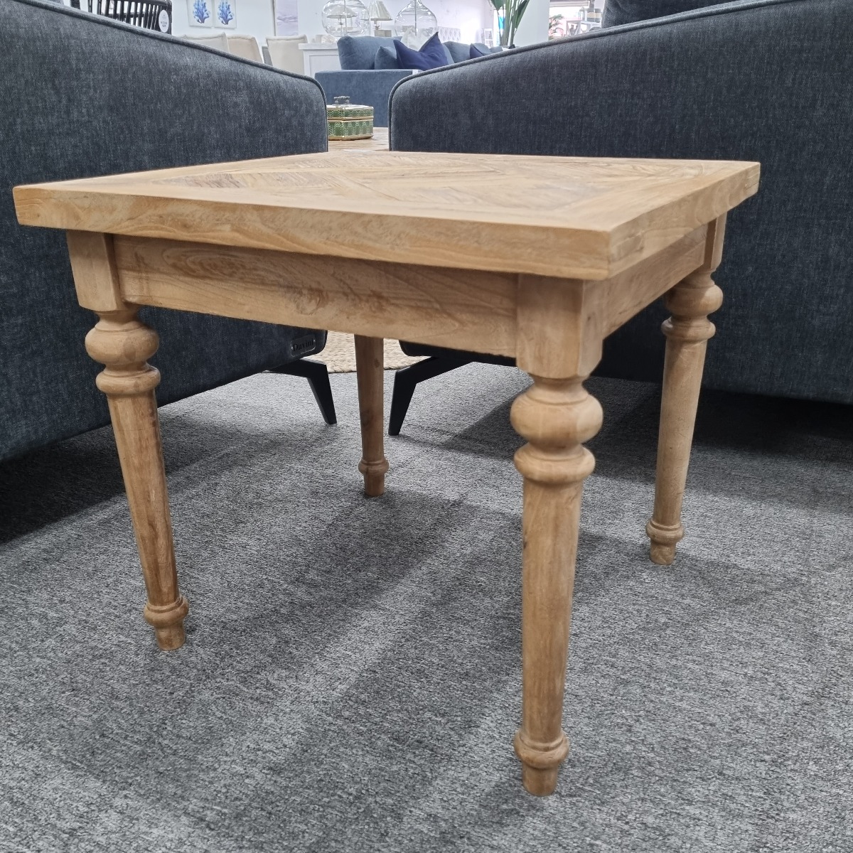 "Marrakesh" Hardwood Parquetry Lamp Table with turned legs Recycled Elm, 55cm x 55cm x 50cm - Image 2