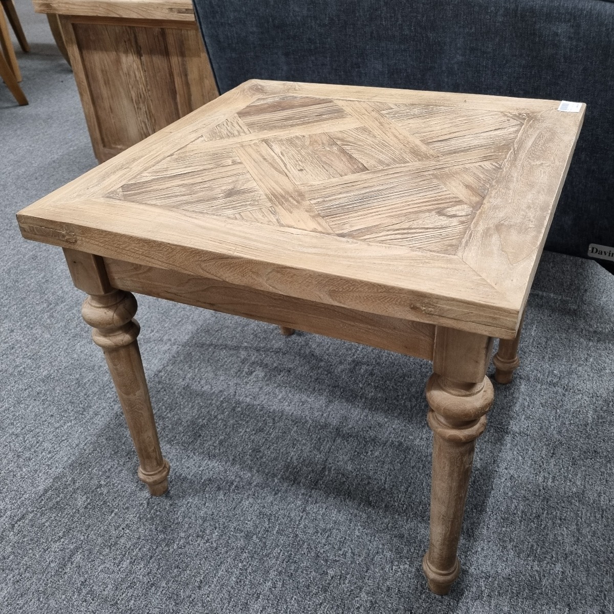 "Marrakesh" Hardwood Parquetry Lamp Table with turned legs Recycled Elm, 55cm x 55cm x 50cm - Image 4
