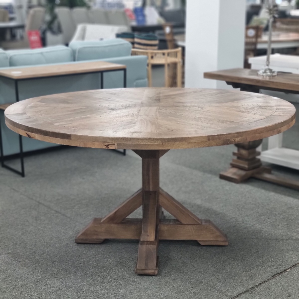 FLOORSTOCK CLEARANCE SALE "Atticus" Solid Timber Parquetry Round Dining Table with Pedestal Base in American Oak, 150cm (RRP $2299) - Image 4