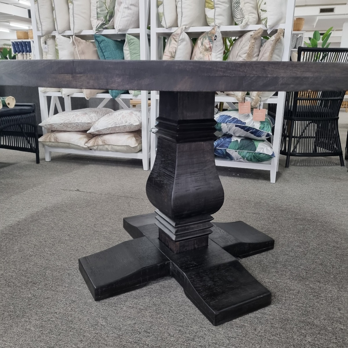 FLOORSTOCK CLEARANCE SALE "Tuscany" Hampton Style Hardwood Timber Parquetry Round Dining Table with Pedestal Base Black, 135cm - Image 2