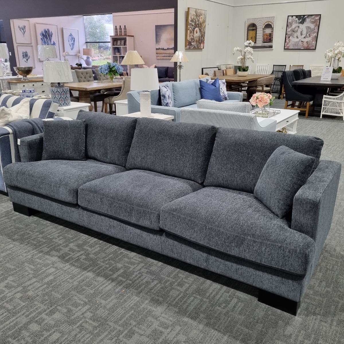 FLOORSTOCK CLEARANCE SALE "Oasis" Luxury Feather Wrapped Foam Upholstered Fabric 3.5 Seater Lounge, Superior Comfort (RRP $2499)
