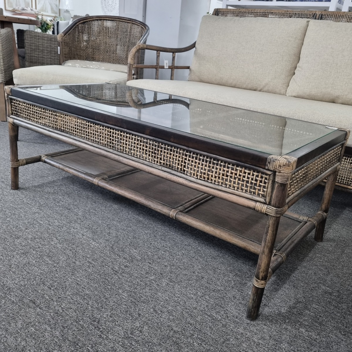 CLEARANCE SALE "Caribbean" British Colonial Style Alfresco Rattan & Glass Coffee Table, 120cmL x 60cmW x 45cmH(RRP $999)