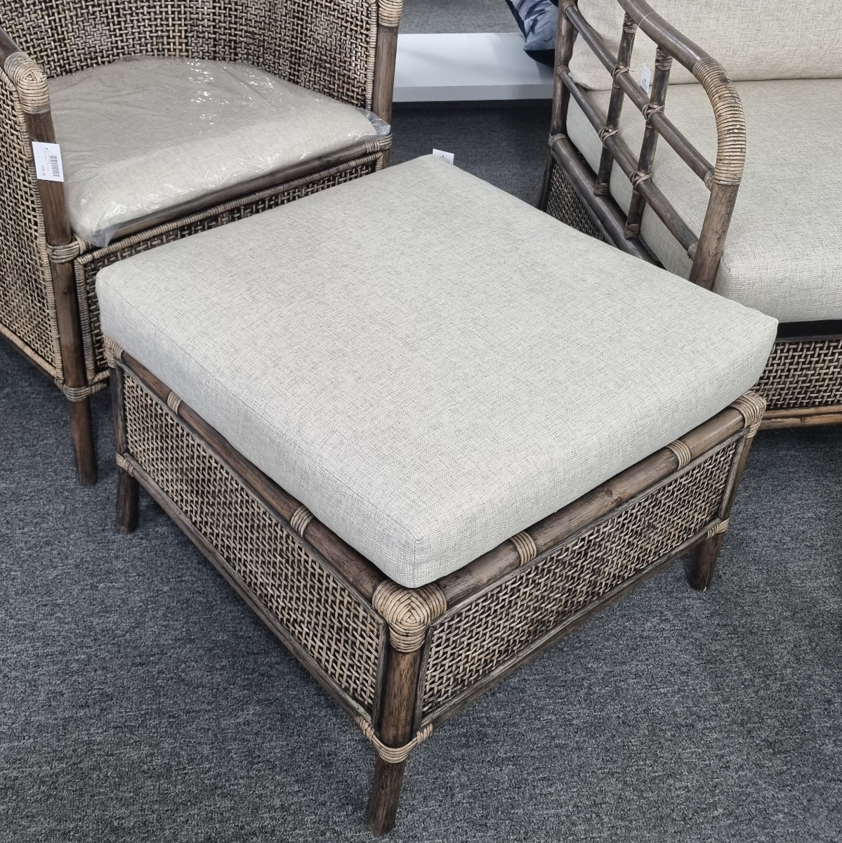FLOORSTOCK CLEARANCE SALE "Caribbean" British Colonial Style Alfresco Rattan Footstool Ottoman, 62cmL x 51cmW x 44.5cmH (RRP $499)