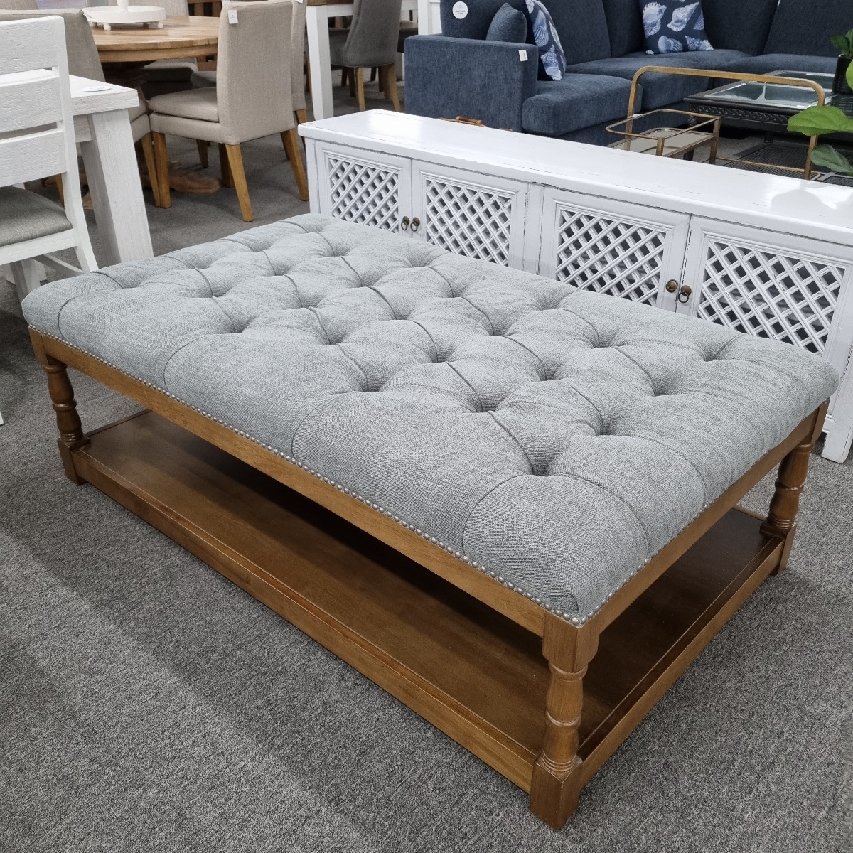 FLOORSTOCK CLEARANCE SALE "Milana" French Provincial Style Upholstered Ottoman with Shelf in Steel, 150cm x 90cm x 50cmH (RRP $1199)