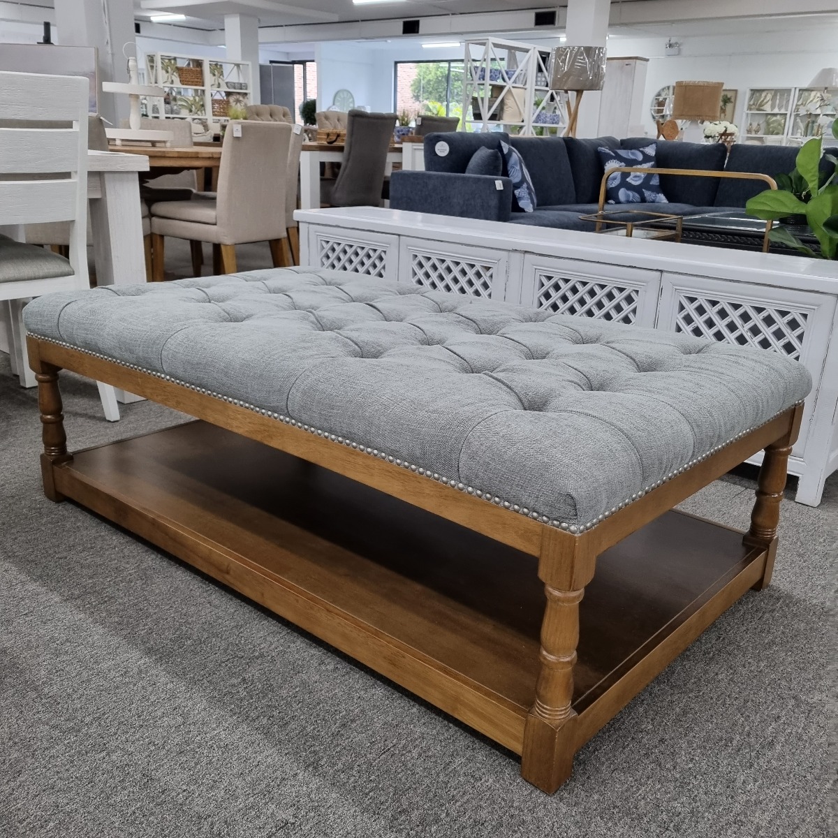 FLOORSTOCK CLEARANCE SALE "Milana" French Provincial Style Upholstered Ottoman with Shelf in Steel, 150cm x 90cm x 50cmH (RRP $1199) - Image 2