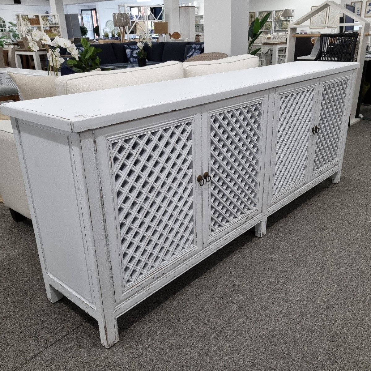 HALF YEAR SALE!! "St Barts" Hamptons Style 4 Door Buffet Recycled Elm with Lattice Doors White, 220cm x 45cm x 85cmH (RRP $3499) - Image 3