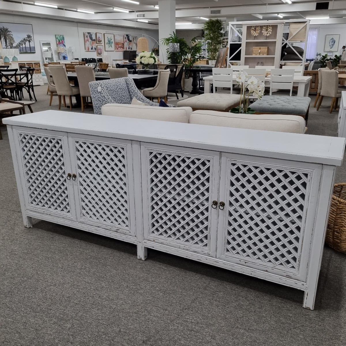 HALF YEAR SALE!! "St Barts" Hamptons Style 4 Door Buffet Recycled Elm with Lattice Doors White, 220cm x 45cm x 85cmH (RRP $3499) - Image 2