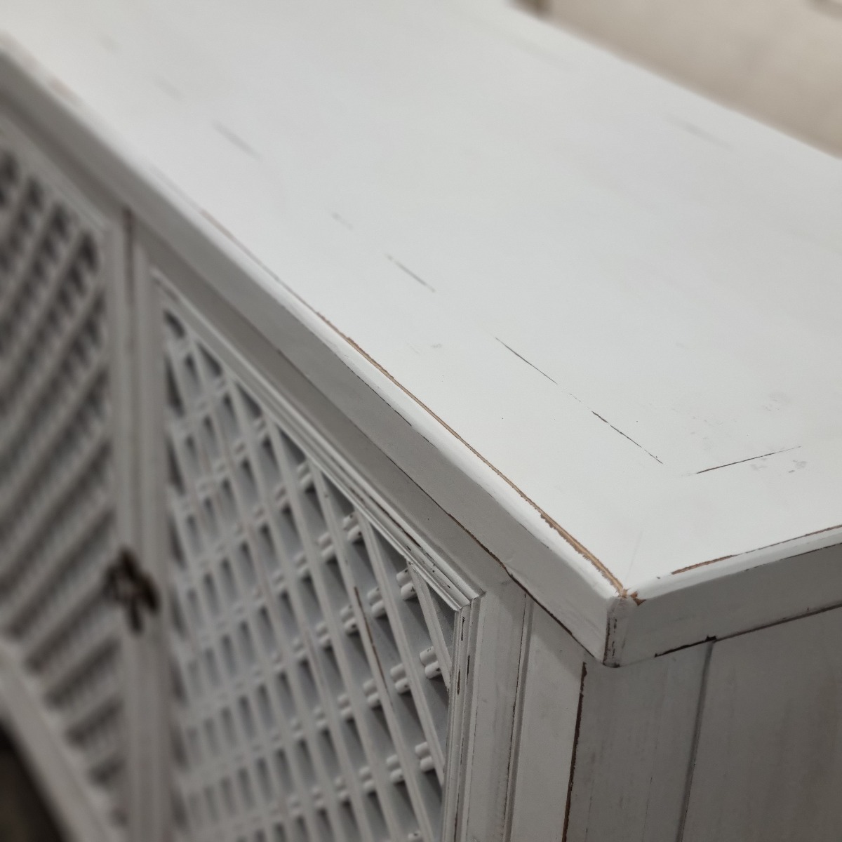 HALF YEAR SALE!! "St Barts" Hamptons Style 4 Door Buffet Recycled Elm with Lattice Doors White, 220cm x 45cm x 85cmH (RRP $3499) - Image 5