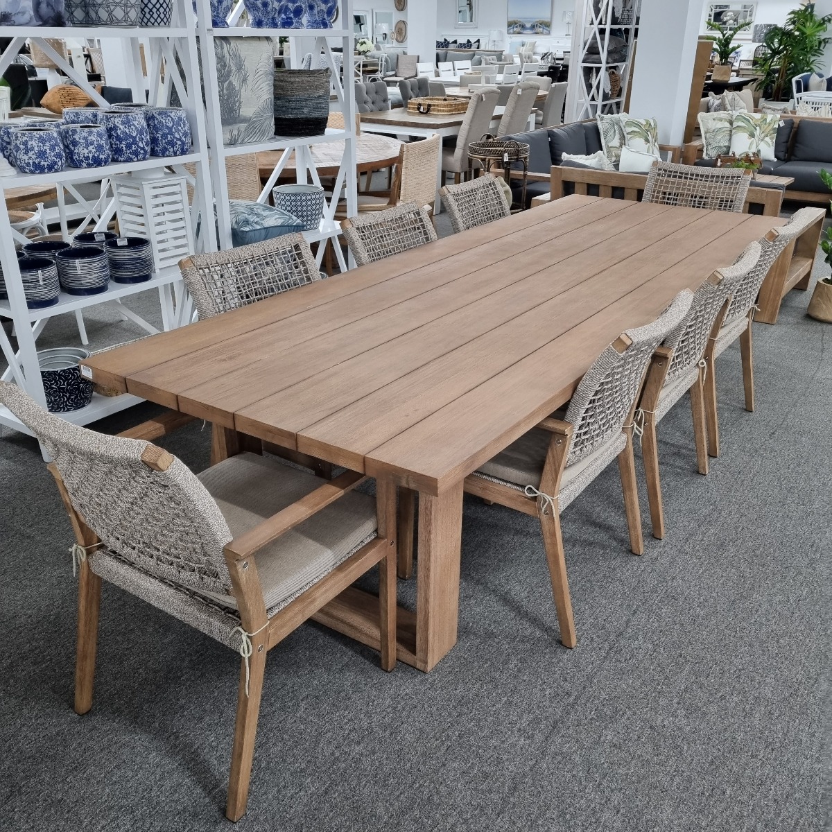 CLEARANCE SALE "Maldives" Hamptons Style Outdoor Hardwood Timber Dining Table, 300x110x76cmH + 8 Maldives Rope Chairs (RRP $4499)