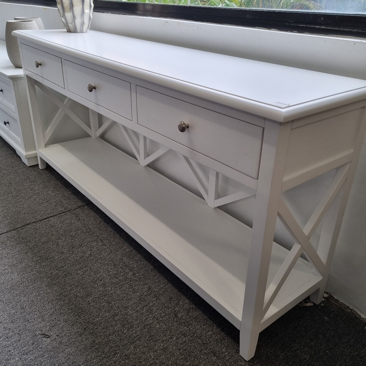 "Montauk" Timber Hall Console Table 3 Drawers White, 176cmW x 42cmD x 78cmH (RRP $1499) - Image 2