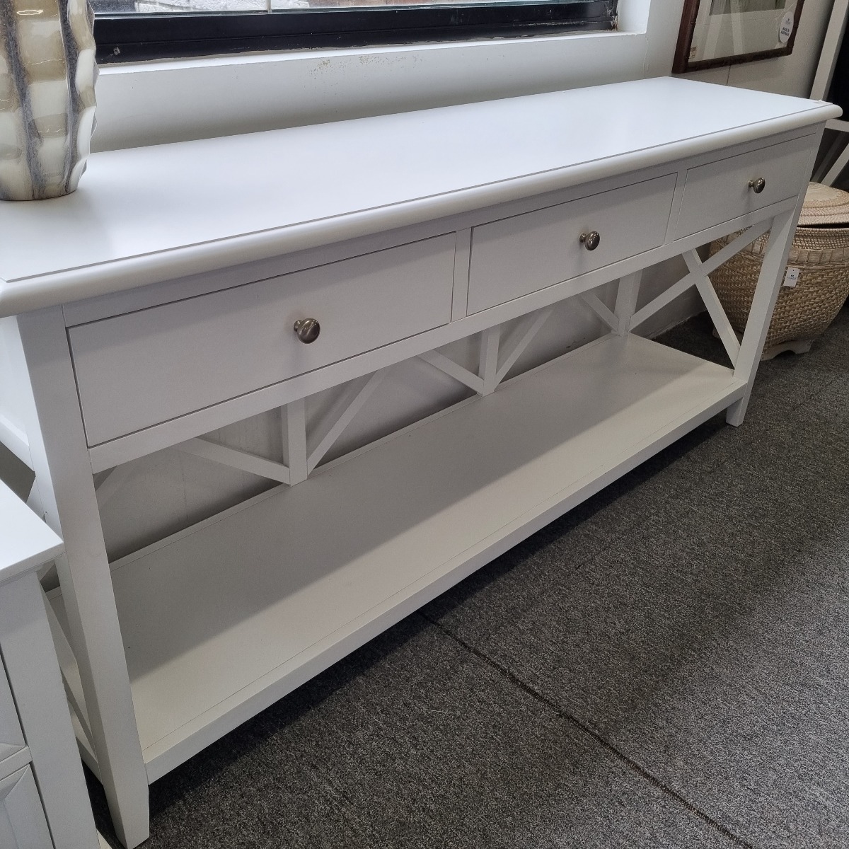 "Montauk" Timber Hall Console Table 3 Drawers White, 176cmW x 42cmD x 78cmH (RRP $1499) - Image 6