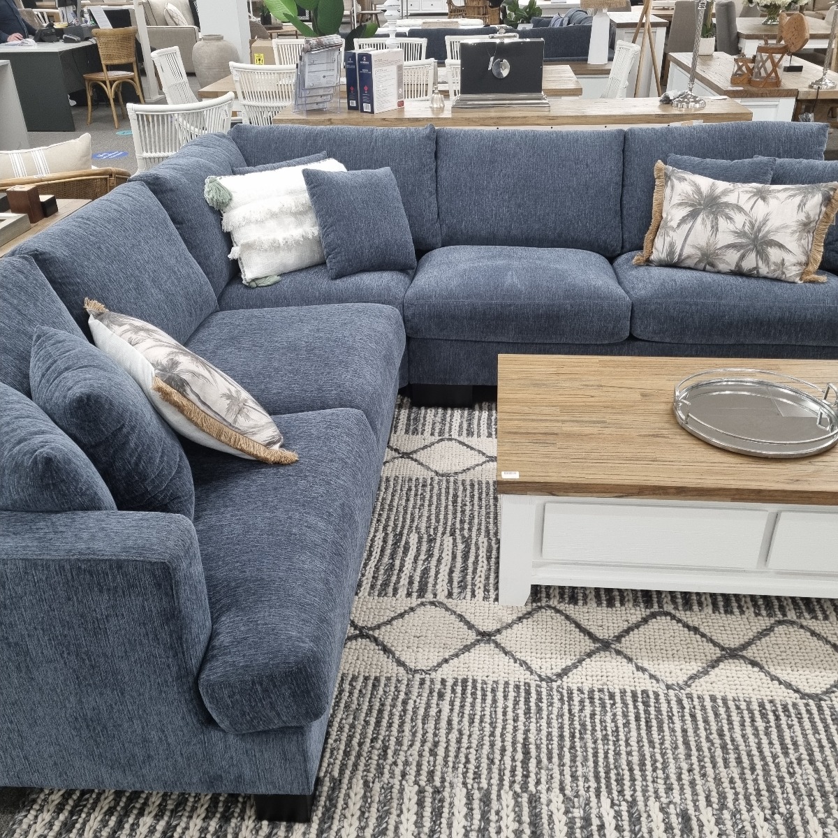 "Oasis" Luxury Feather Wrapped Foam Fabric Modular 5 Seater Corner Lounge, Superior Comfort, In Stock Ready for Delivery, Sky Blue - LAST ONE!! (RRP $3499) - Image 3