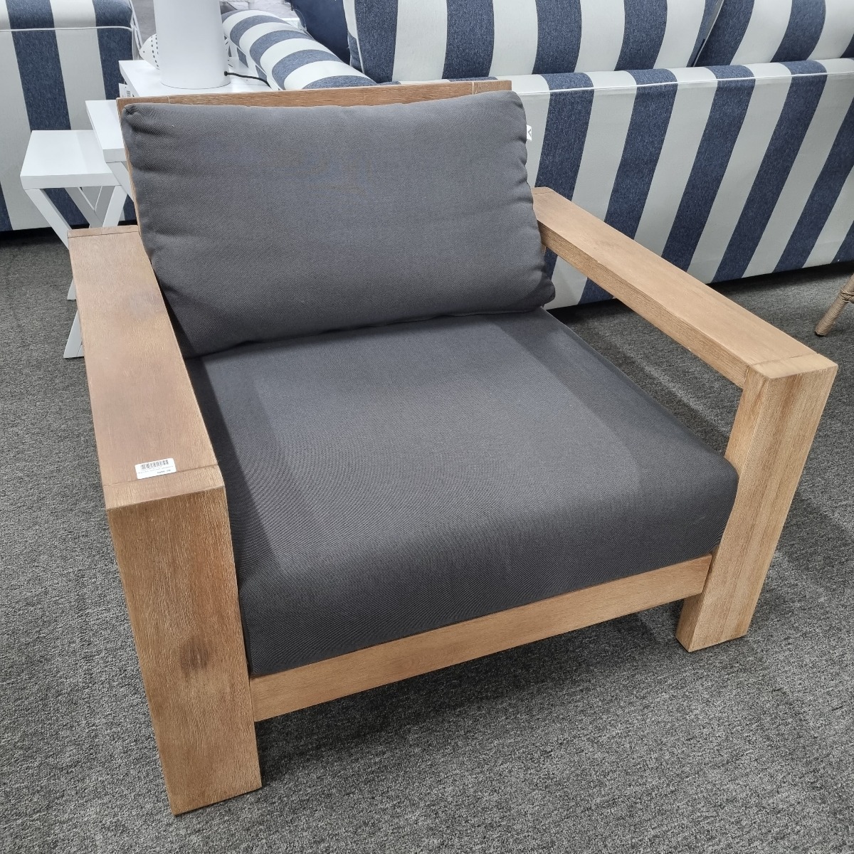 "Maldives" Hamptons Style Outdoor Timber Armchair with Charcoal Cushions, W95 x D89 x H75 CM (RRP $1099)