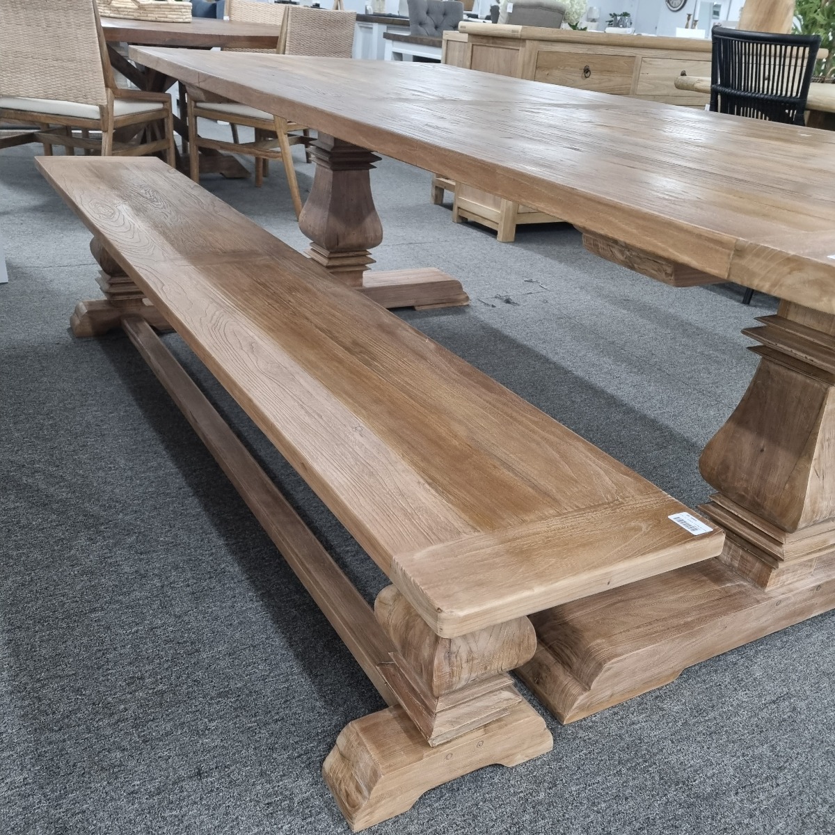 "Madrid" Hamptons Style Solid Timber Bench with Pedestal Base Recycled Elm, 230cm x 35cm x 46cmH - Image 3