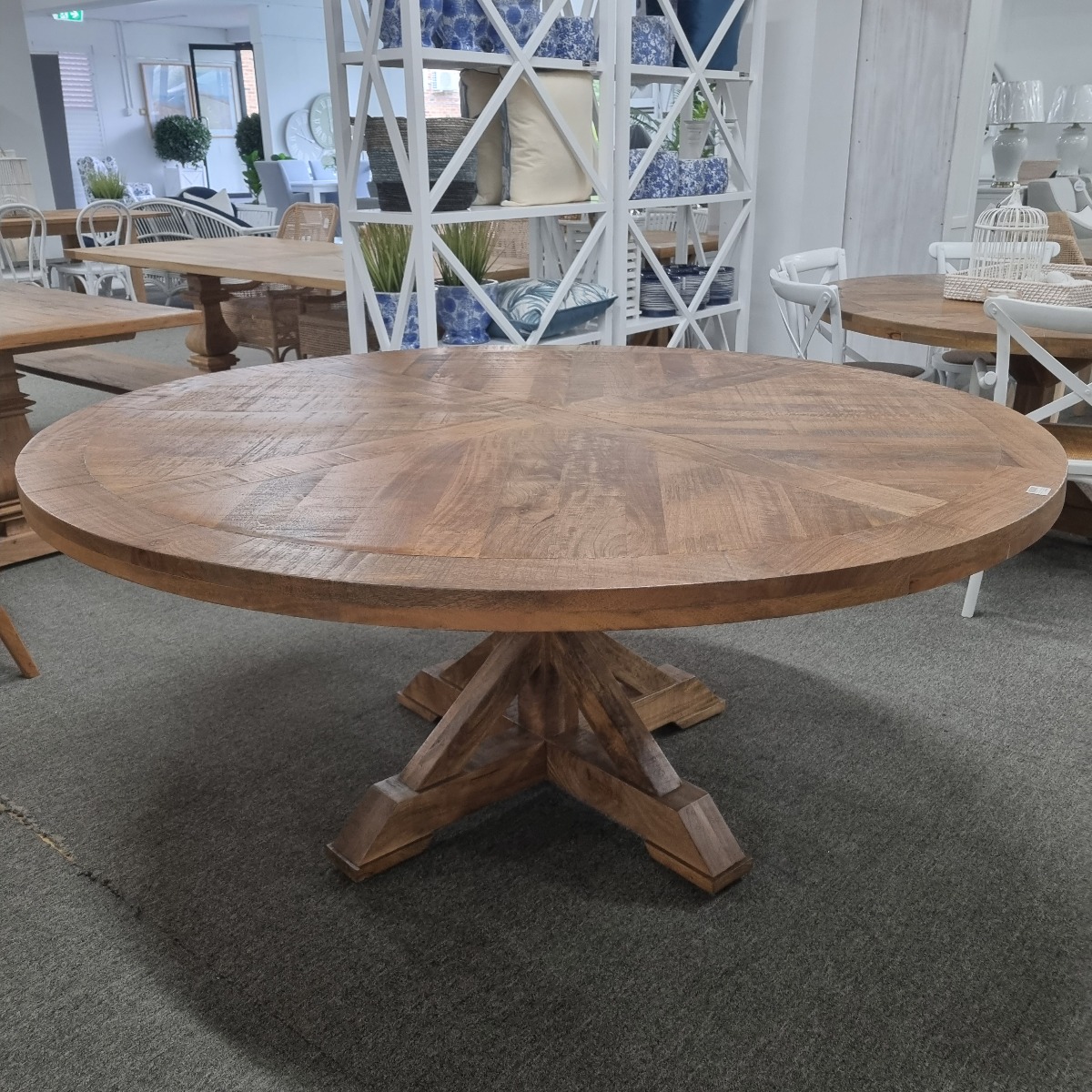 "Atticus" Solid Timber Parquetry Round Dining Table with Pedestal Base in American Oak, 180cm - Image 8