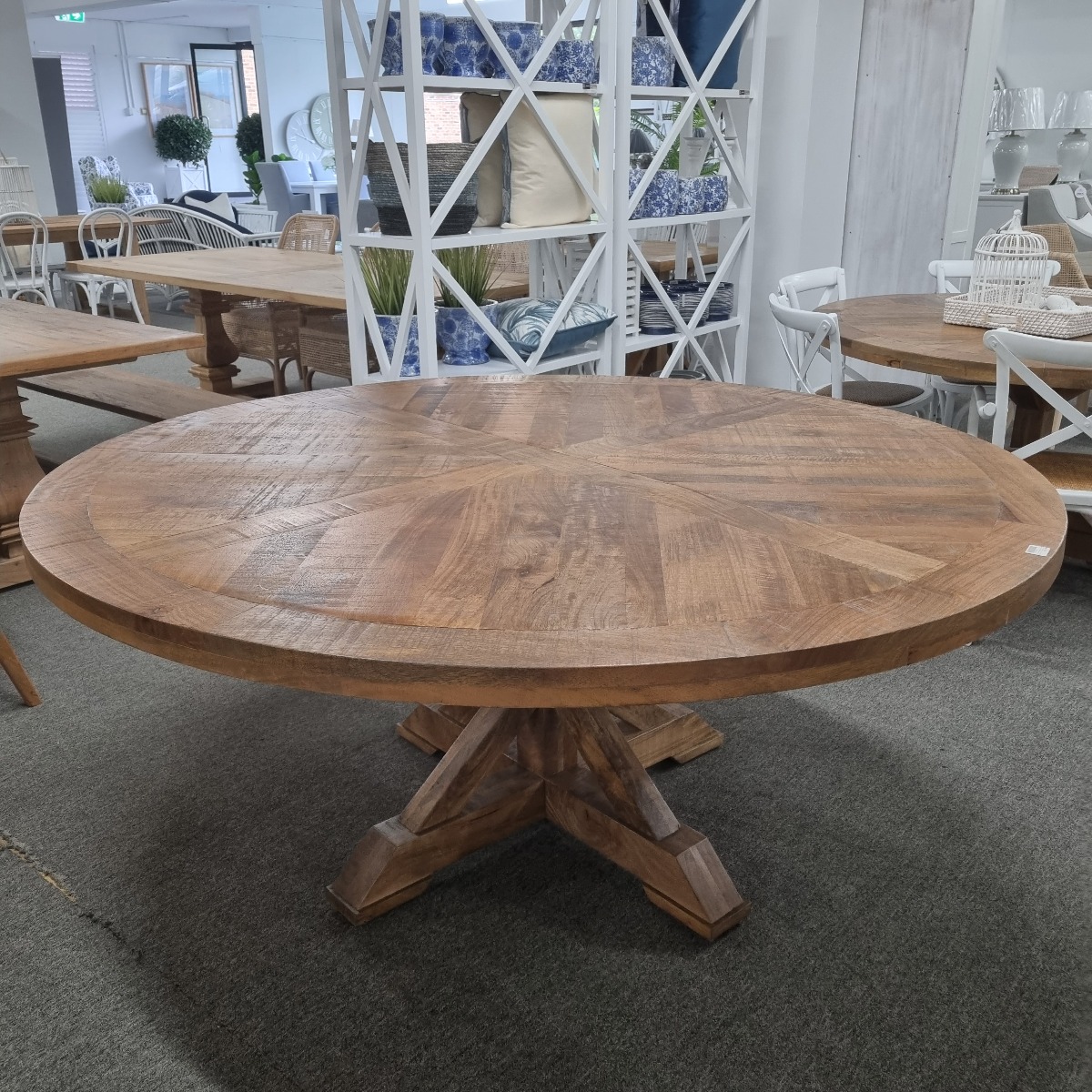 "Atticus" Solid Timber Parquetry Round Dining Table with Pedestal Base in American Oak, 180cm - Image 4