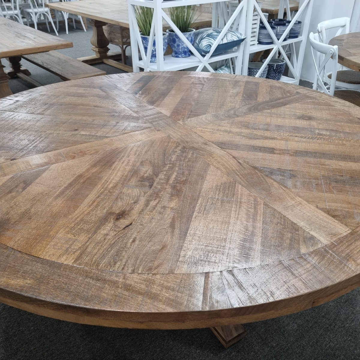 "Atticus" Solid Timber Parquetry Round Dining Table with Pedestal Base in American Oak, 180cm - Image 2