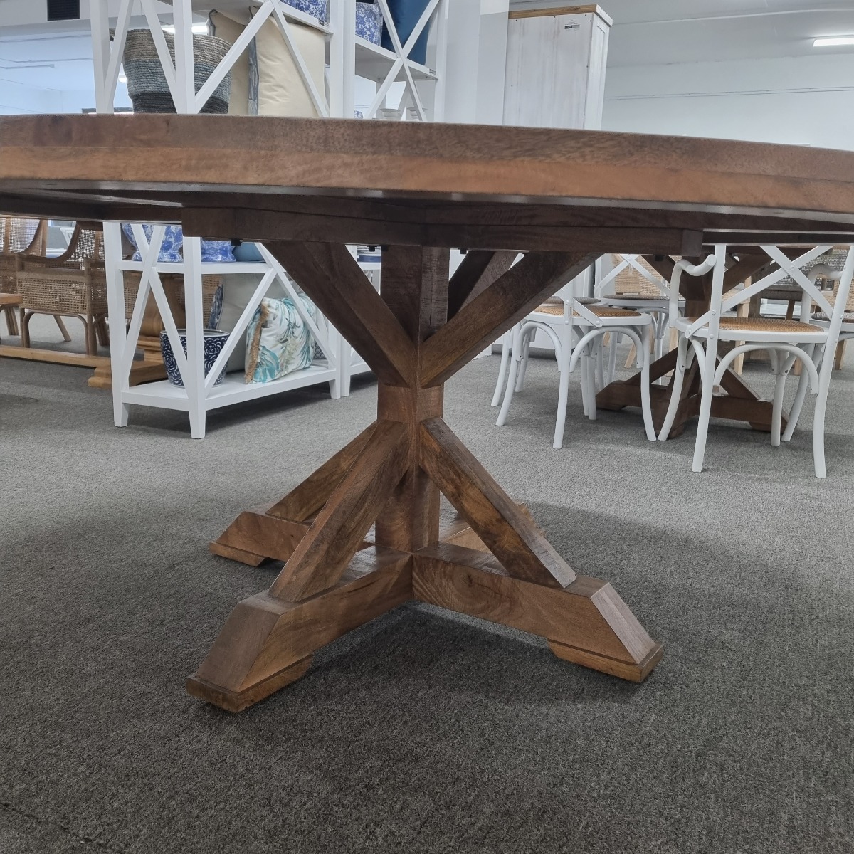 "Atticus" Solid Timber Parquetry Round Dining Table with Pedestal Base in American Oak, 180cm - Image 3