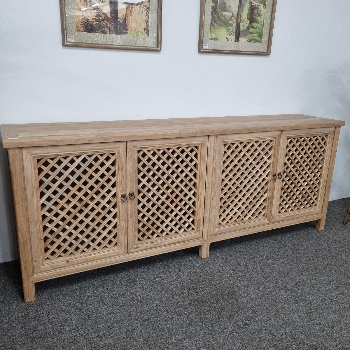 HALF YEAR SALE!! "St Barts" Hamptons Style 4 Door Buffet Recycled Elm with Lattice Doors Natural, 220cm x 45cm x 85cmH (RRP $3499) - Image 3
