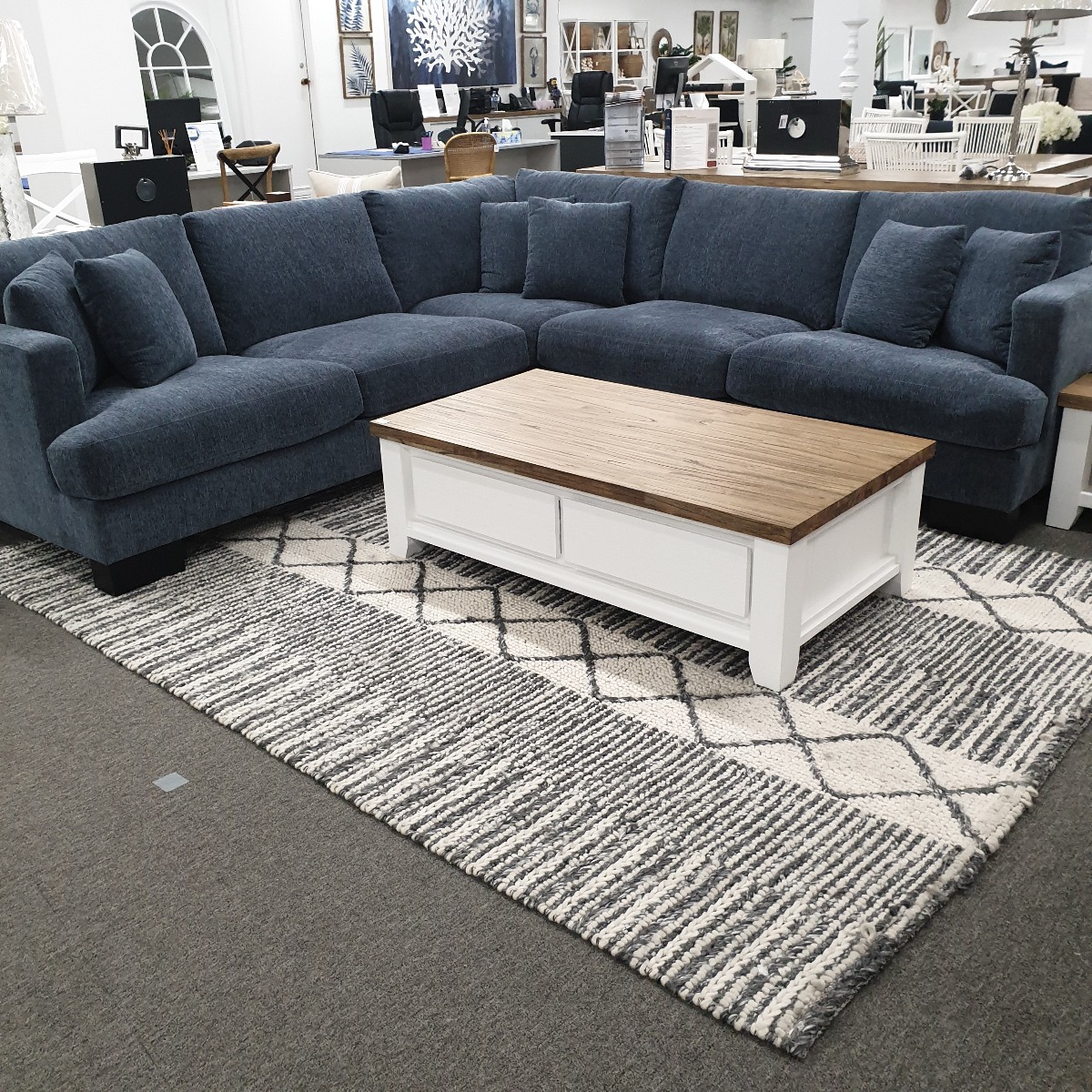 "Oasis" Luxury Feather Wrapped Foam Fabric Modular 5 Seater Corner Lounge, Superior Comfort, In Stock Ready for Delivery, Sky Blue - LAST ONE!! (RRP $3499)