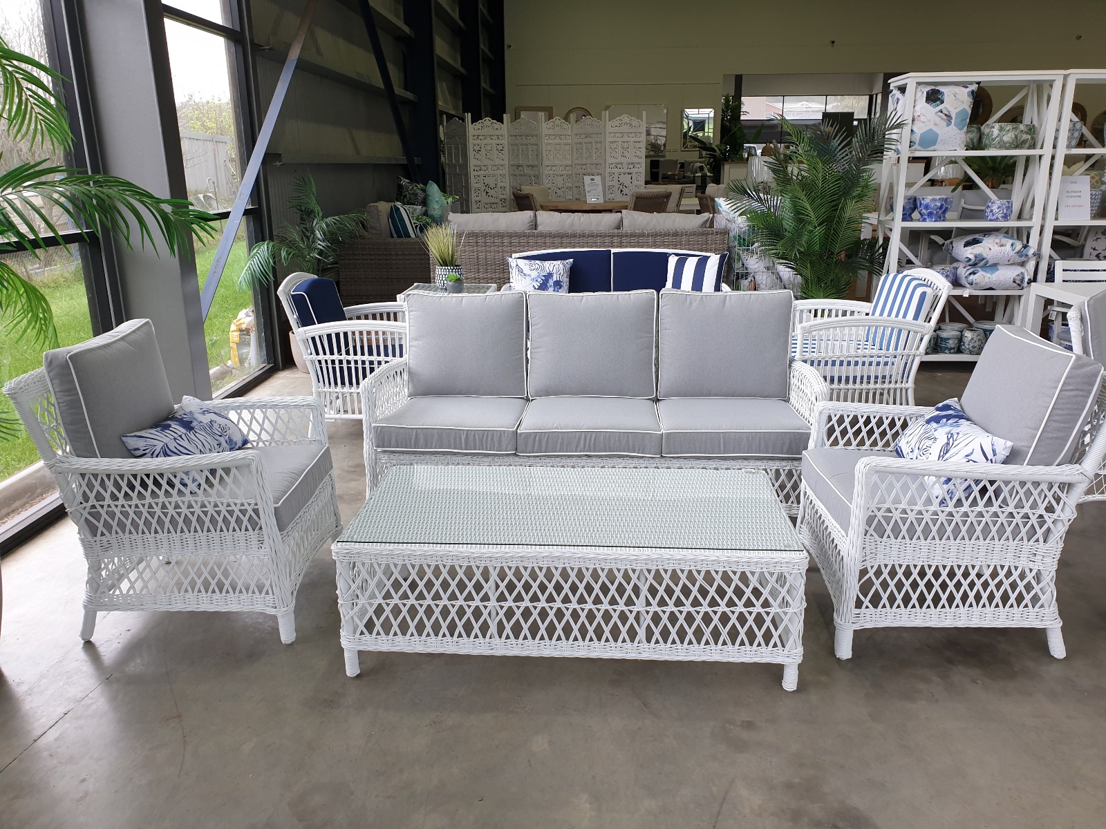 “Riviera" Hamptons Style Outdoor Alfresco 4 Piece Lounge Set White Wicker, Grey Seat & Back Cushion with White Piping (RRP $3499) - Image 2