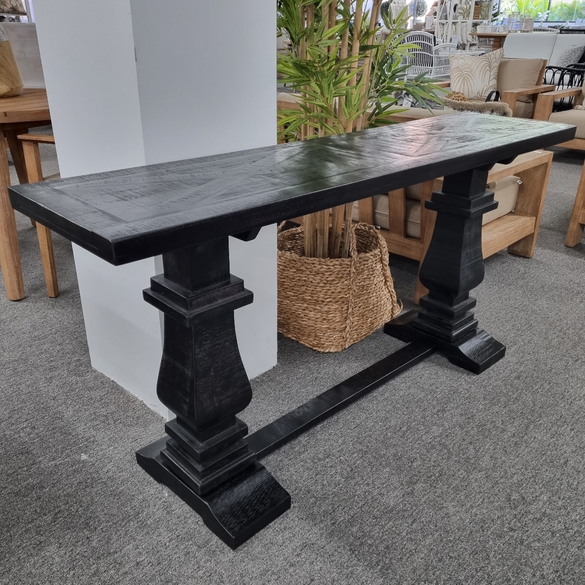 FLOORSTOCK CLEARANCE SALE "Tuscany" Hardwood Timber Hall Table Console with Pedestal Base Black, 160cm x 40cm x 77cmH (RRP $1399)