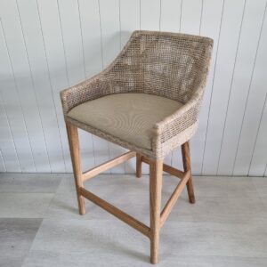 "Coral Bay" Hampton Style Rattan Kitchen Counter Barstool Greywash, Mindi Timber Legs (RRP $499)