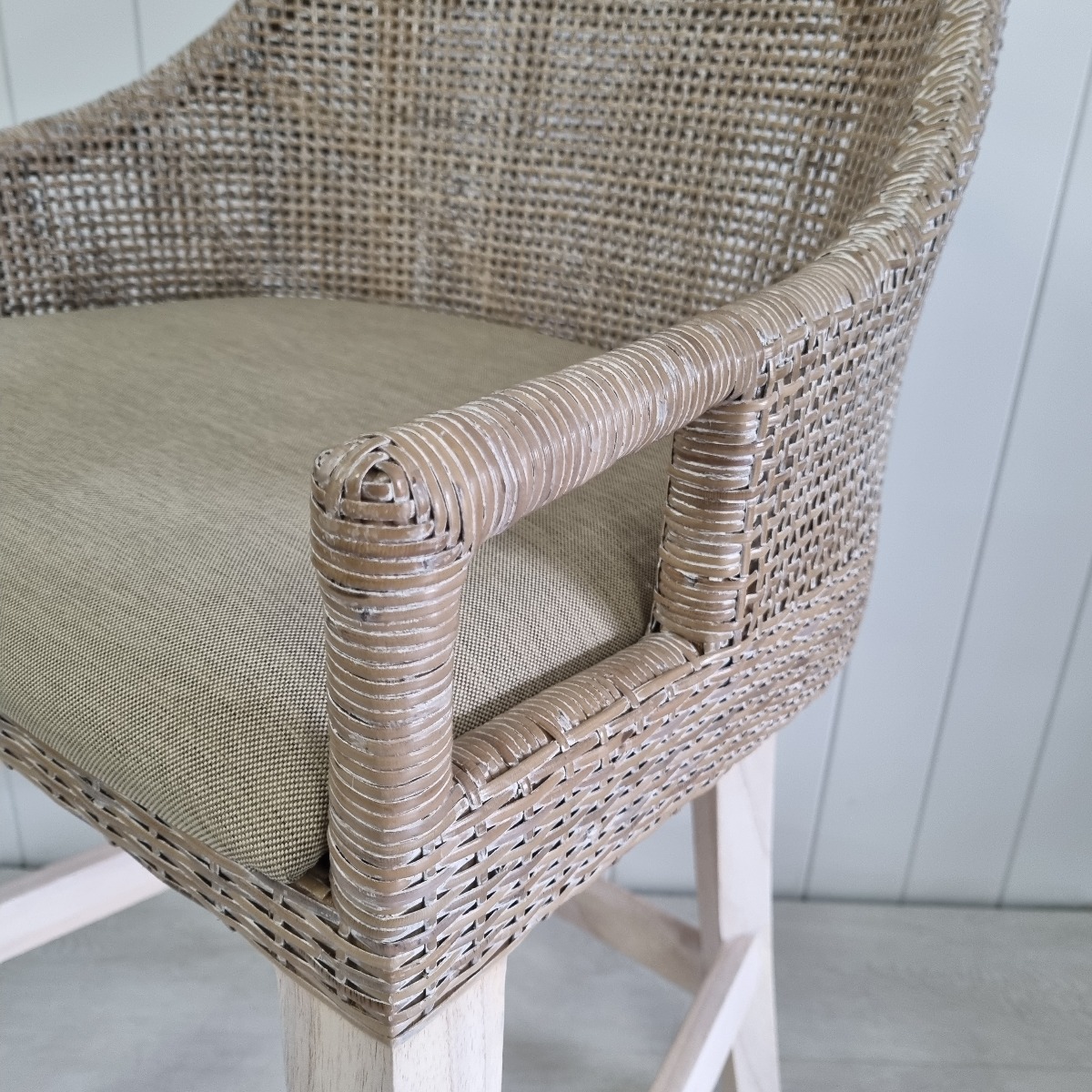 CLEARANCE SALE "Empire Bay" Hamptons Style Rattan Kitchen Counter Barstool Greywash, Whitewash Legs (RRP $499) - Image 2