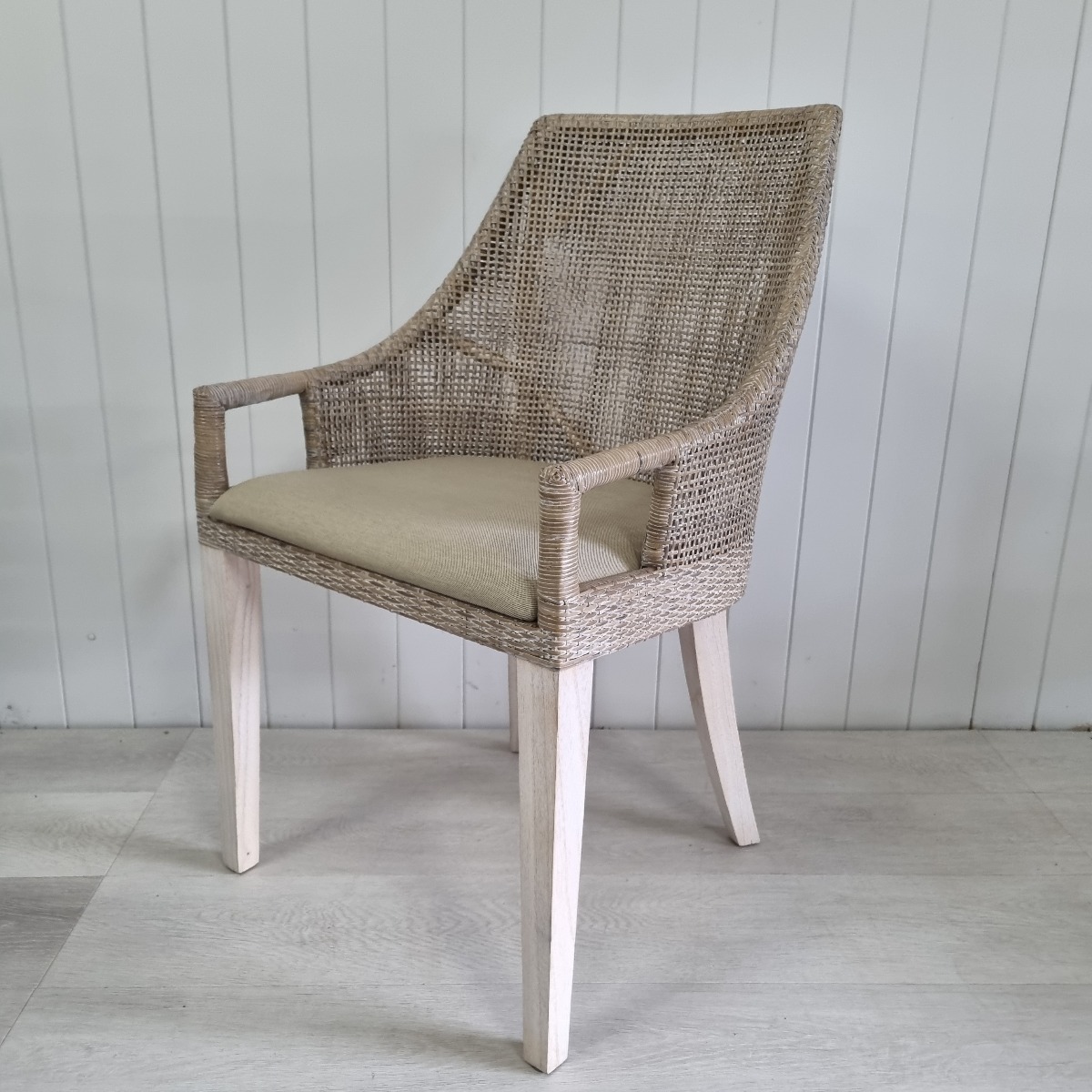 "Empire Bay" Hamptons Style Rattan Greywash Dining Chair, Whitewash Leg (RRP $449) - Image 5