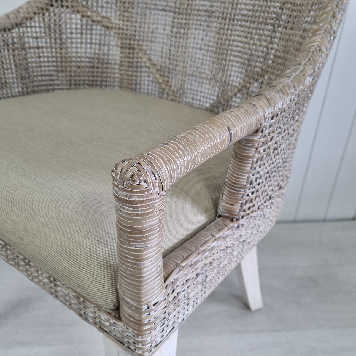 "Empire Bay" Hamptons Style Rattan Greywash Dining Chair, Whitewash Leg (RRP $449) - Image 2