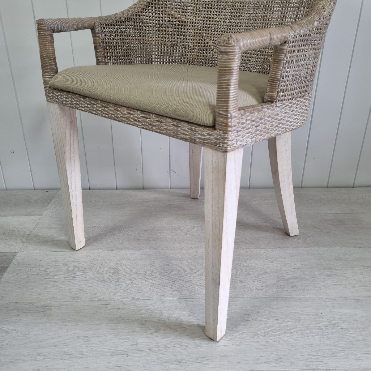 "Empire Bay" Hamptons Style Rattan Greywash Dining Chair, Whitewash Leg (RRP $449) - Image 4