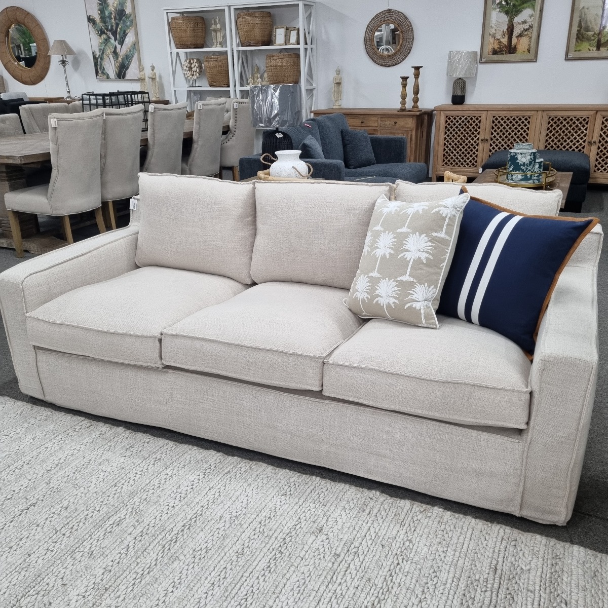 FLOORSTOCK CLEARANCE SALE "Eastport" Hamptons Style Feather Filled Fabric 3 Seater Lounge with Removable & Dry Cleanable Slip Covers, Available in Grey (RRP $2499)