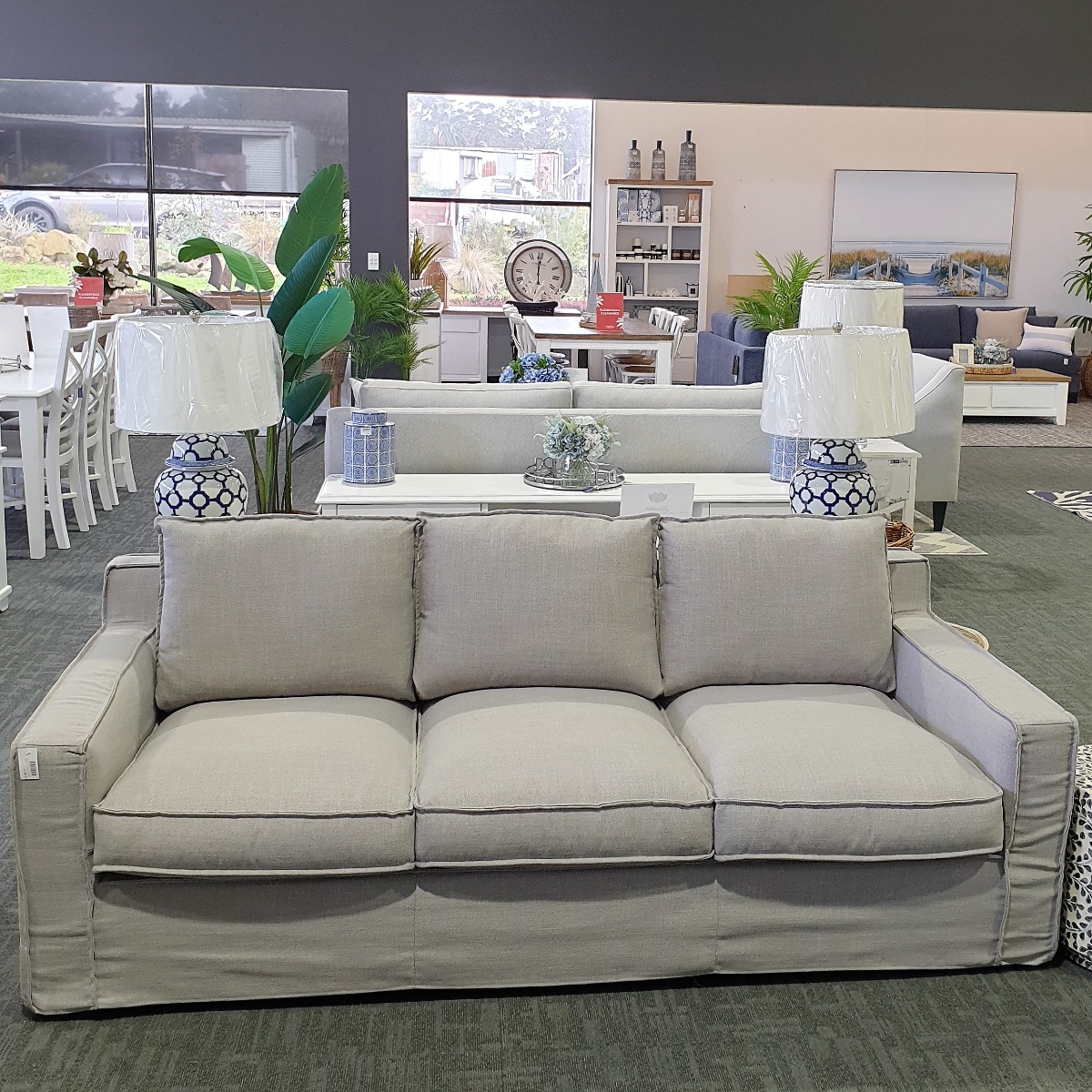 FLOORSTOCK CLEARANCE SALE "Eastport" Hamptons Style Feather Filled Fabric 3 Seater Lounge with Removable & Dry Cleanable Slip Covers, Hamptons Grey (RRP $2499)