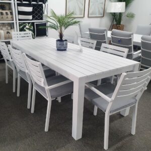 FLOORSTOCK CLEARANCE SALE "Riviera" Outdoor Dining Package with Aluminium Dining Table in White with 8 Sorrento Chairs (RRP $2999)