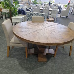 "Tuscany" Hampton Style Hardwood Timber Parquetry Round Dining Table with Pedestal Base, Natural, 150cm (RRP $1999)