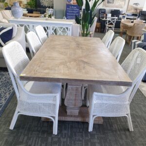 "Tuscany" Hampton Style Hardwood Timber Dining Table Whitewash, 210 x 105cm + 6 x Southbeach Chairs White (RRP $3999)