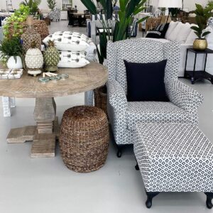 "Aerin" Hamptons Style Occasional Wing Fabric Armchair with Matching Ottoman, Australian Made (RRP $3699)