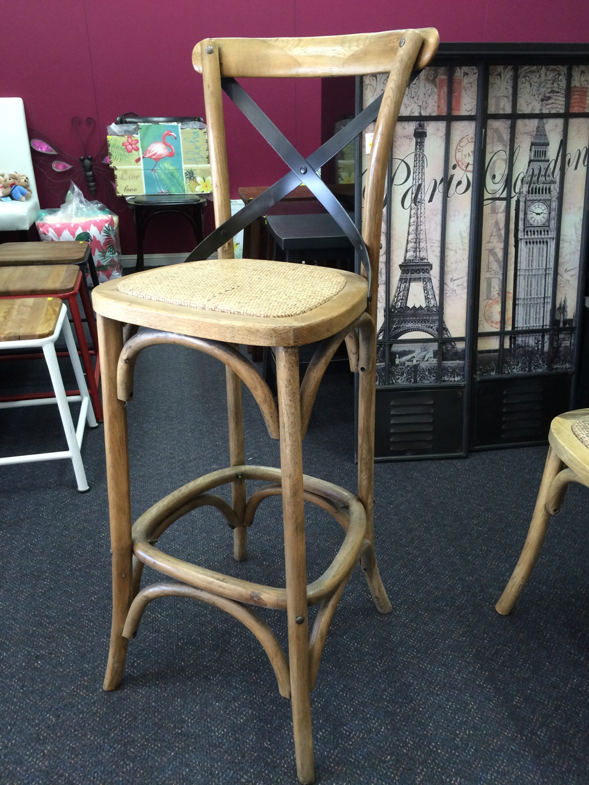 "Noosa" Oak Cross Back Timber Bar Stool Metal Strap Kitchen Bench Height, 42cmL x 42cmD x 100cmH; Seat Height 65cm - Image 2