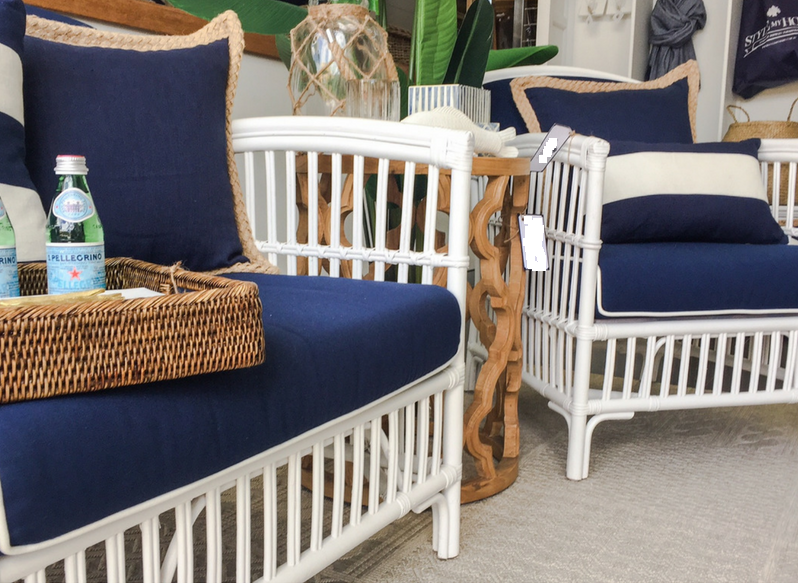 "Alfresco" Hamptons Style 2.5 Seater Rattan Lounge White, Navy cushions with White Piping, 156cmL x 68cmW x 86cmH (RRP $1499) - Image 3