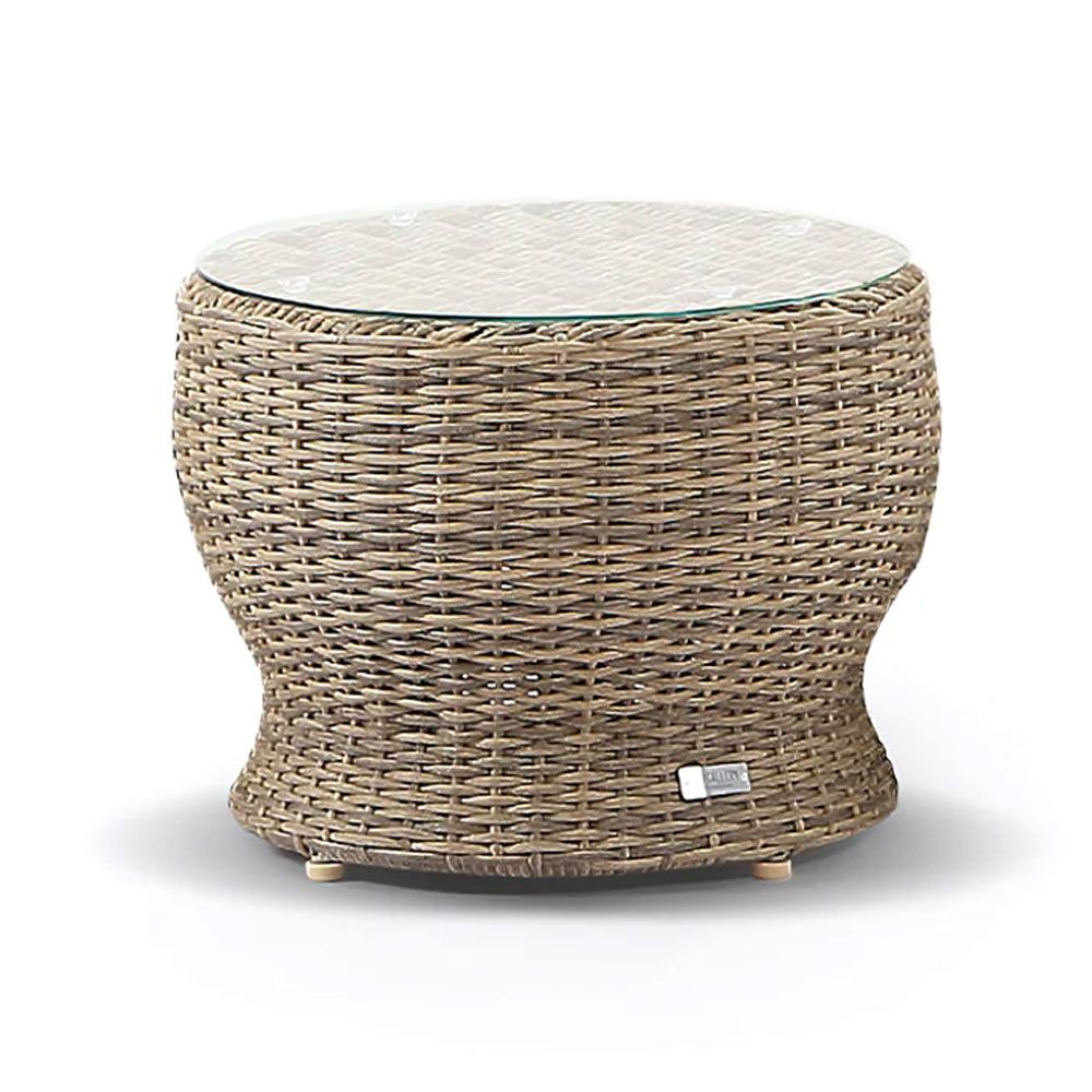Hamptons Style Outdoor Wicker Round Side Table, Brushed Wheat Wicker