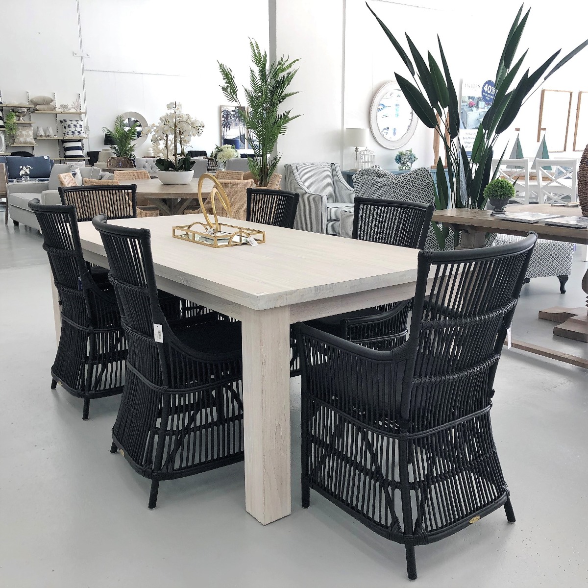 FLOORSTOCK CLEARANCE SALE "Seaforth" Solid Hardwood Timber Brushed White Dining Table 7 Piece Package with Byron Chairs (RRP $2999)
