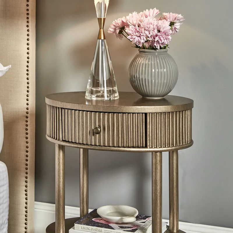 Arielle Oval Bedside Table Antique Gold, 55cm W x 41cm D x 66cm H (RRP $1199) - Image 4