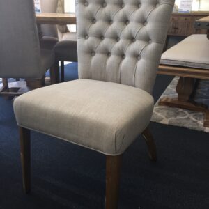 "Dianna" French Provincial Linen Buttoned Dining Chair, Linen with Natural Timber Legs (RRP $449)