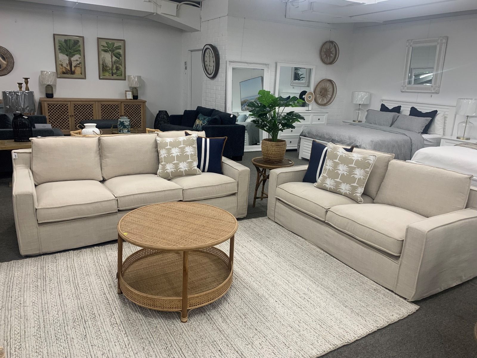 FLOORSTOCK CLEARANCE SALE "Eastport" Hamptons Style Feather Filled Fabric 3 Seater + 2 Seater Lounge with Removable Dry Cleanable Slip Covers, Available in Linen and Grey (RRP $3999)-Eastport Linen Colour Swatch - Image 2