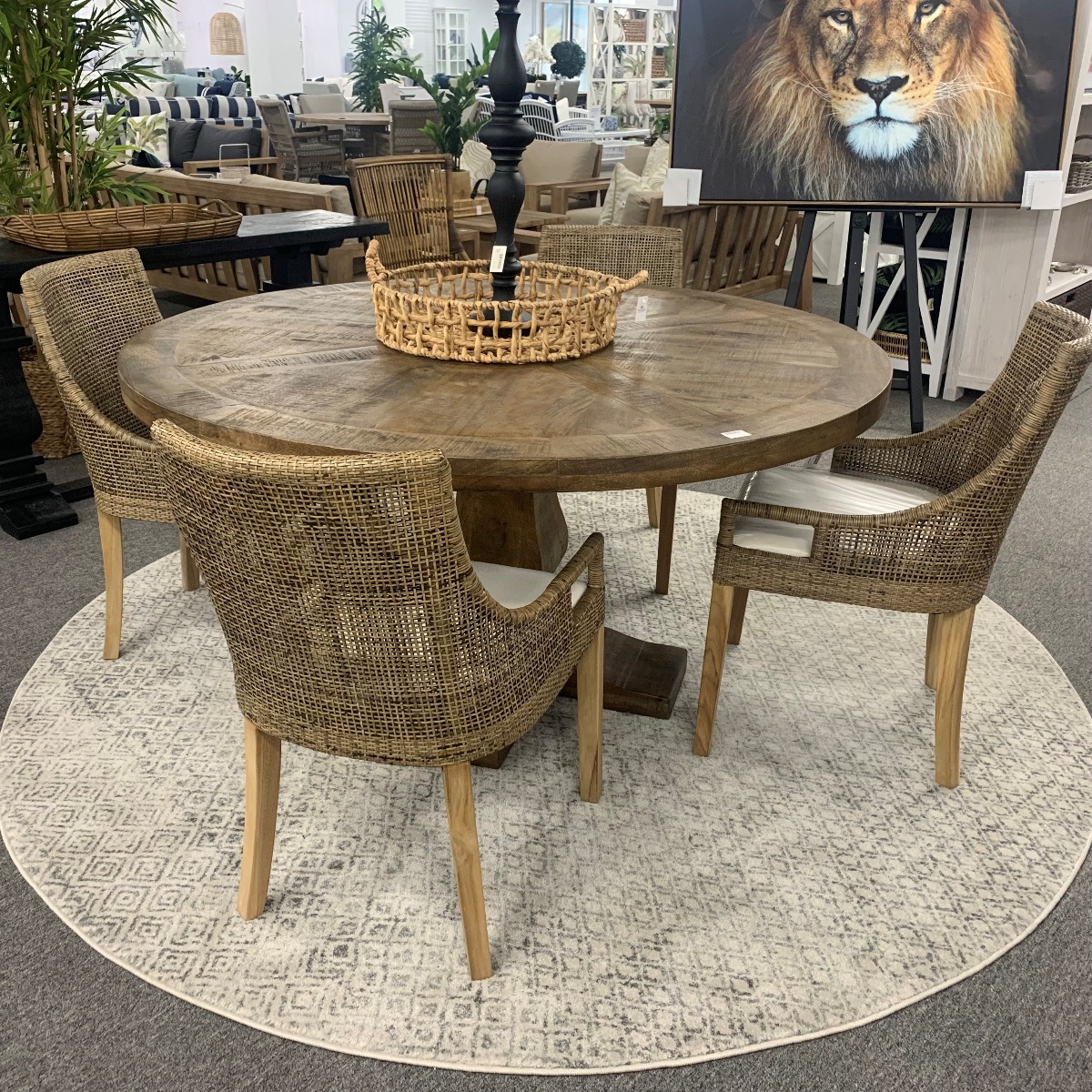 "Tuscany" 5 Piece Dining Package 150cm Round Hardwood Timber Dining Table with 4 Avoca Tea Brown Rattan Teak Chairs - Image 2